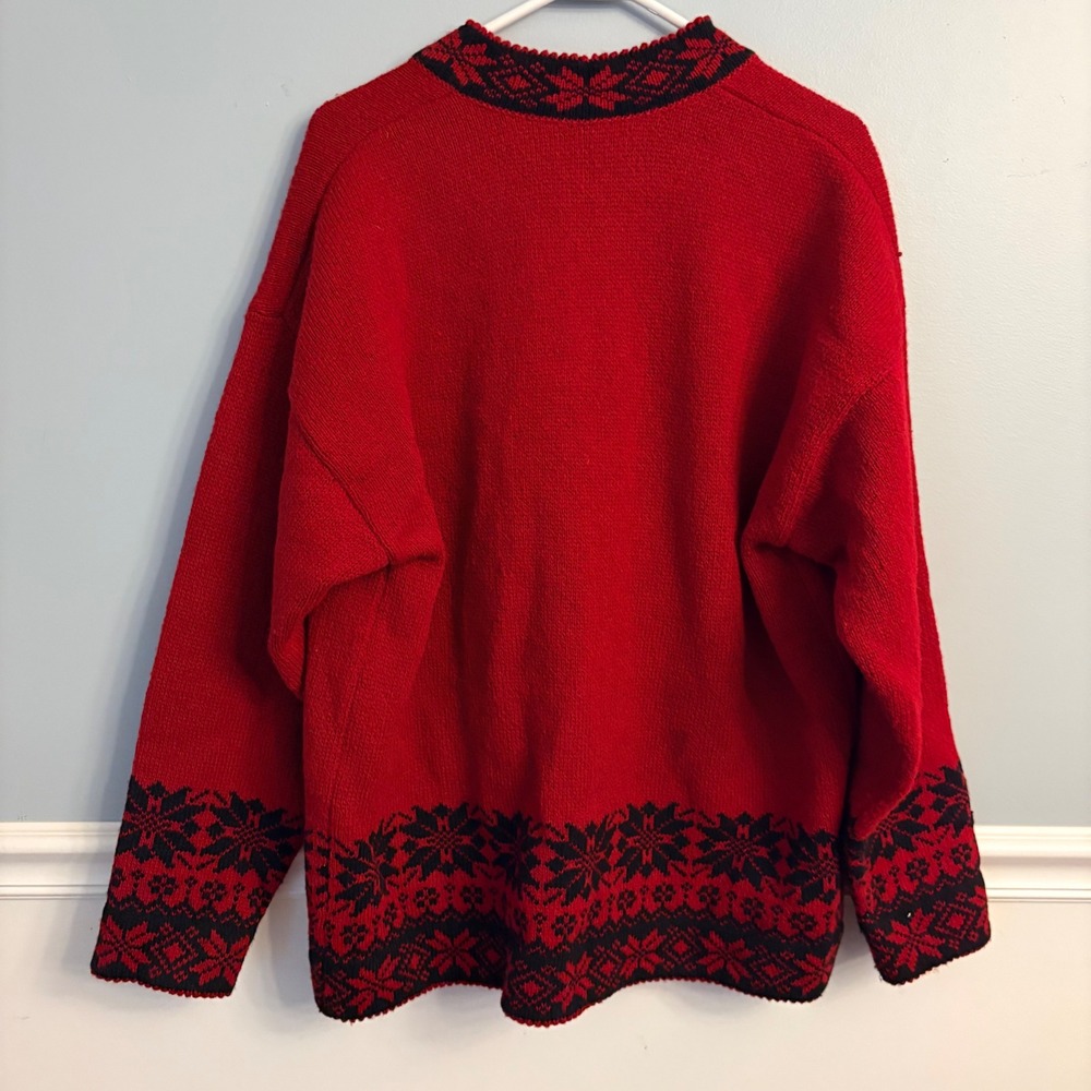 Vintage Norwegian Red Fair Isle Cardigan Sweater Metal Clasps Nordic Winter XL - Picture 3 of 10